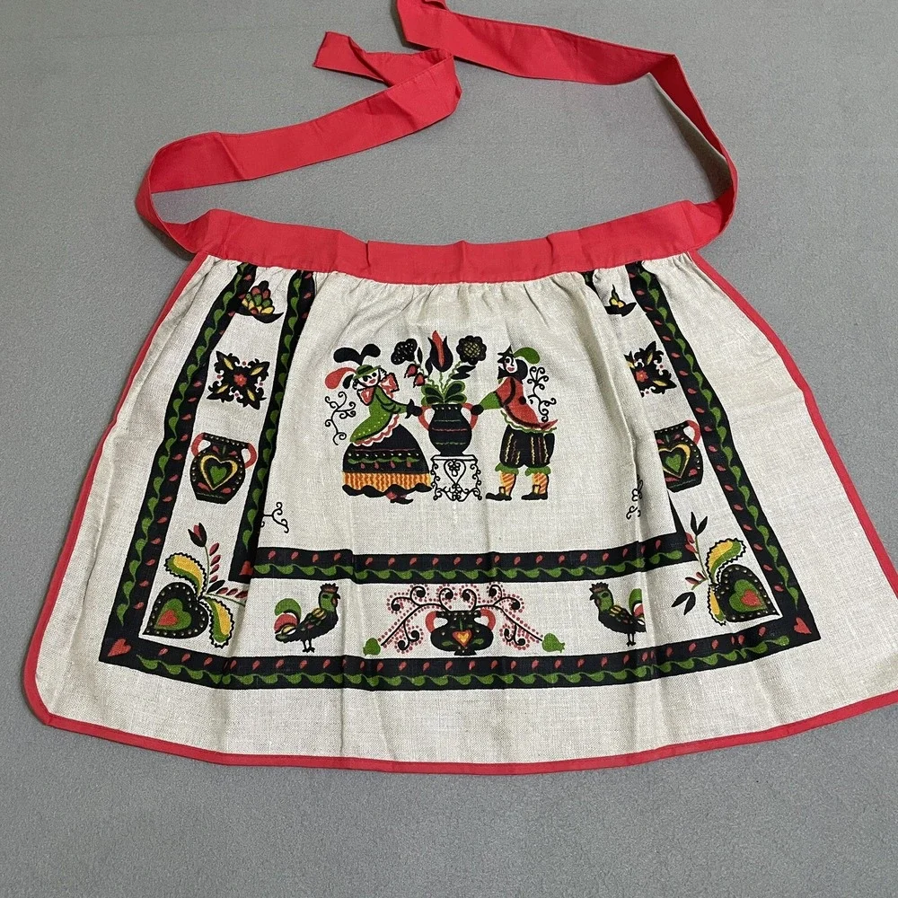 Vintage Apron Linen‎ Pennsylvania Dutch Folk Ceramics Kitchy Linen Cottagecore